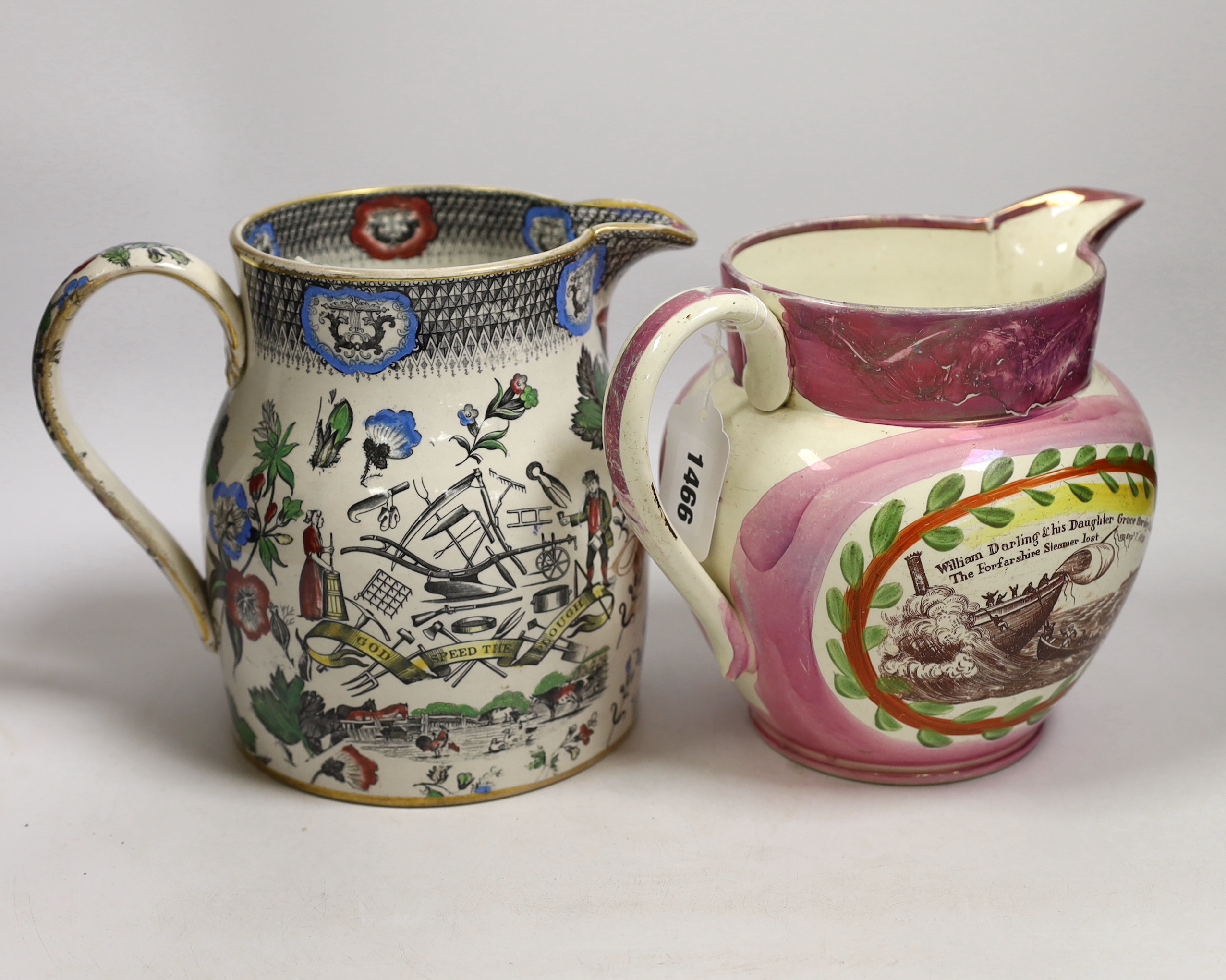 A Victorian ‘Speed the Plough’ jug and a Sunderland and Tyne ‘Grace Darling’ commemorative pink lustre jug, largest 19cm